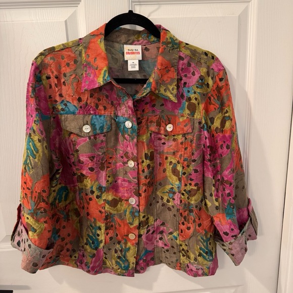 Ruby Rd.‎ Button Shirt Jacket Womens Size 14 Abstract Roll Tab Sleeves Sheer - Picture 1 of 8